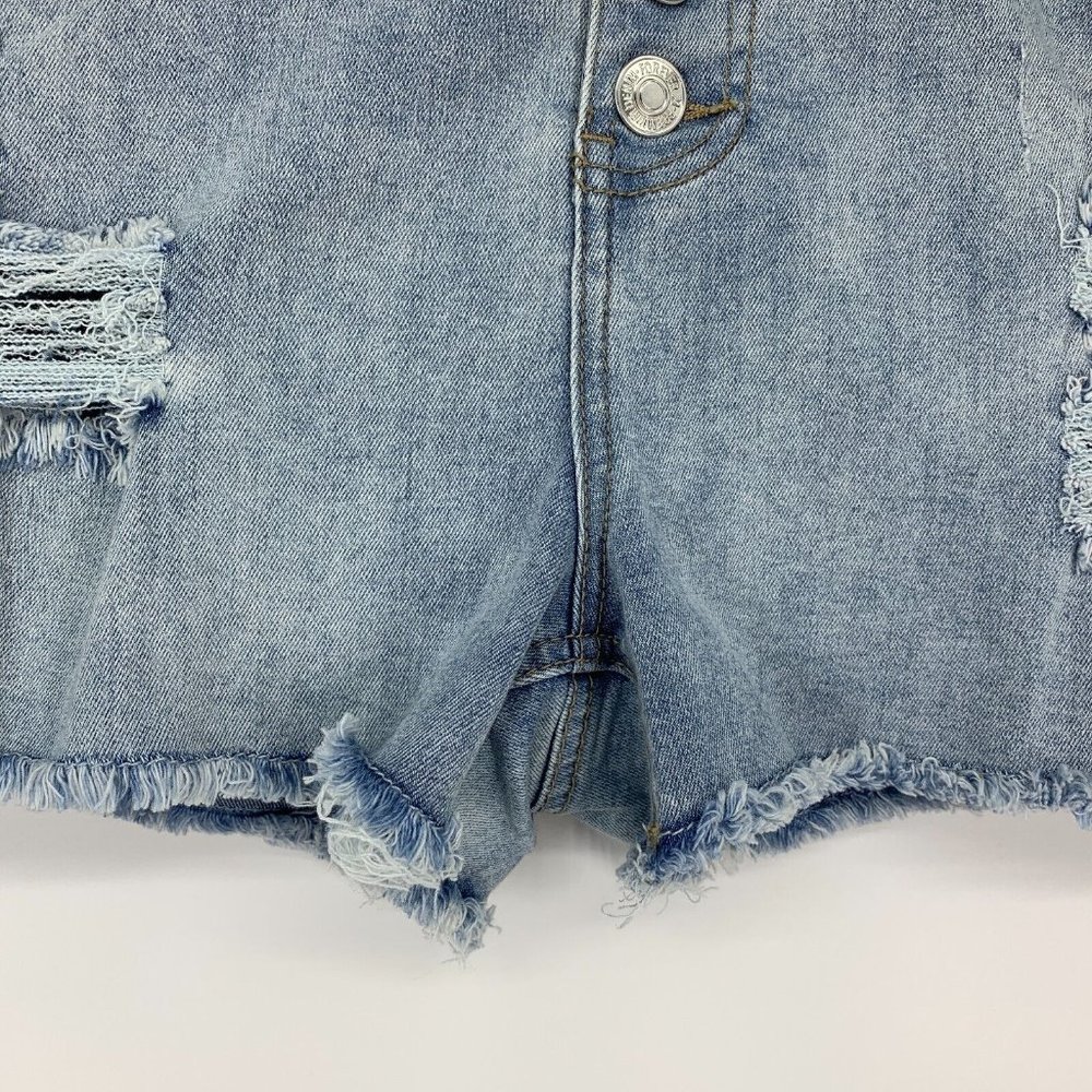 Forever 21 Denim Shorts Button Fly Blue Distressed Denim Fray - Picture 5 of 9